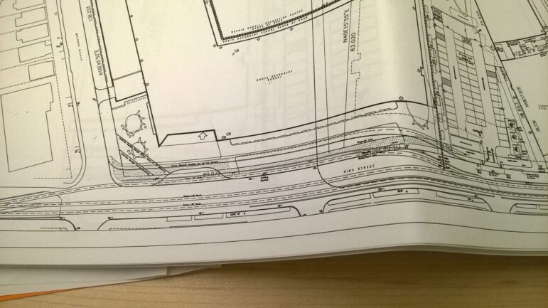 Rendering showing third LRT track proposed for front of new Lower City high school